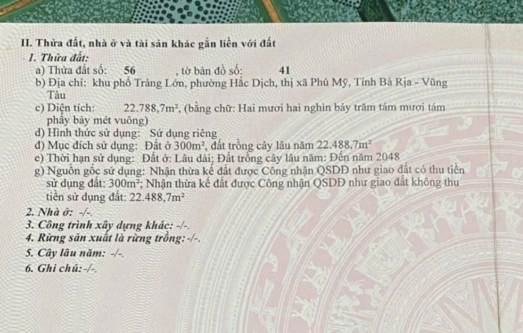 BÁN ĐẤT DIỆN TÍCH LỚN TẠI TRUNG TÂM PHƯỜNG HẮC DỊCH – TX PHÚ MỸ, BÀ RỊA VŨNG TÀU