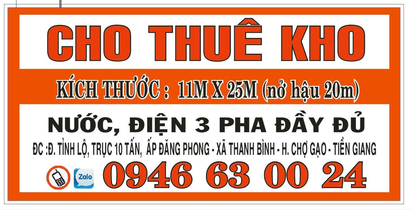 CHÍNH CHỦ CHO THUÊ KHO XƯỞNG TẠI ĐƯỜNG TỈNH LỘ 879B - CHỢ GẠO - TIỀN GIANG.