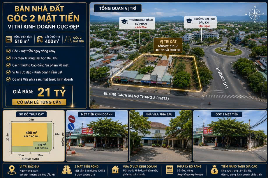 NHÀ ĐẤT GÓC 2 MẶT TIỀN – VỊ TRÍ KINH DOANH CỰC ĐẸP TẠI ĐƯỜNG CMT8, PHƯỜNG BÀ RỊA - TP HCM.