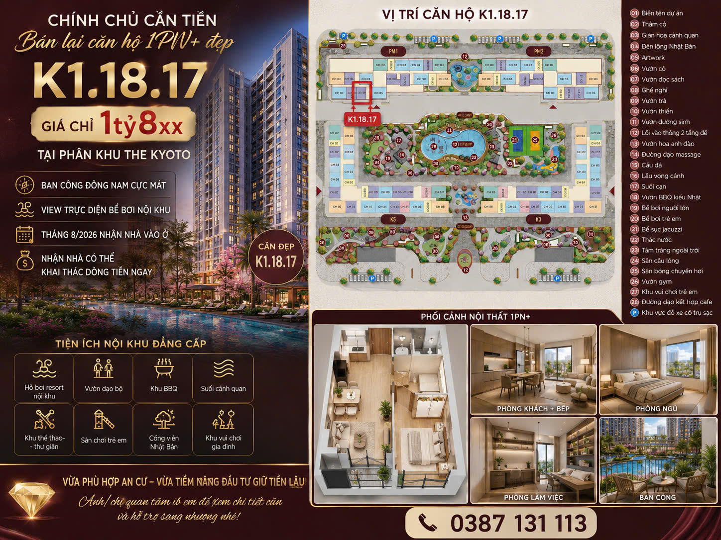 ► CHÍNH CHỦ CẦN TIỀN – BÁN LẠI CĂN 1PN+ ĐẸP NHẤT THE KYOTO