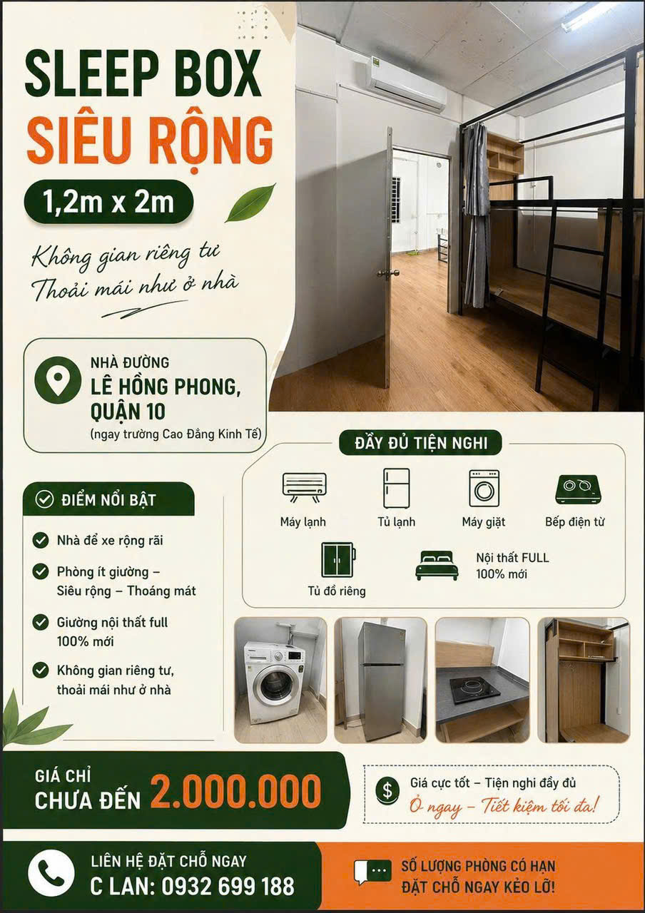 SLEEP BOX SIÊU RỘNG – GIÁ CHỈ 1.5 TRIỆU/THÁNG – TRUNG TÂM QUẬN 10