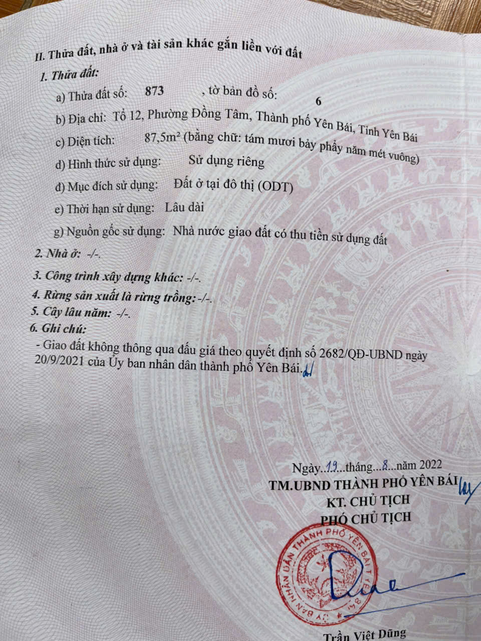 BÁN LÔ ĐẤT TRUNG TÂM TP. YÊN BÁI – LÔ 873 VT1 ÂU CƠ