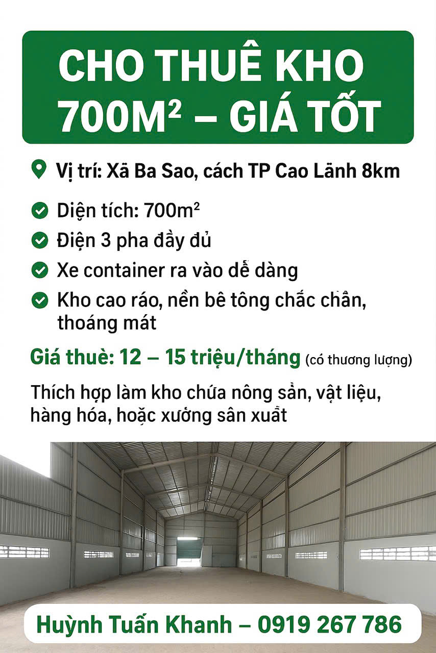 ►  CHO THUÊ KHO 700m² – GIÁ TỐT TẠI ĐỒNG THÁP