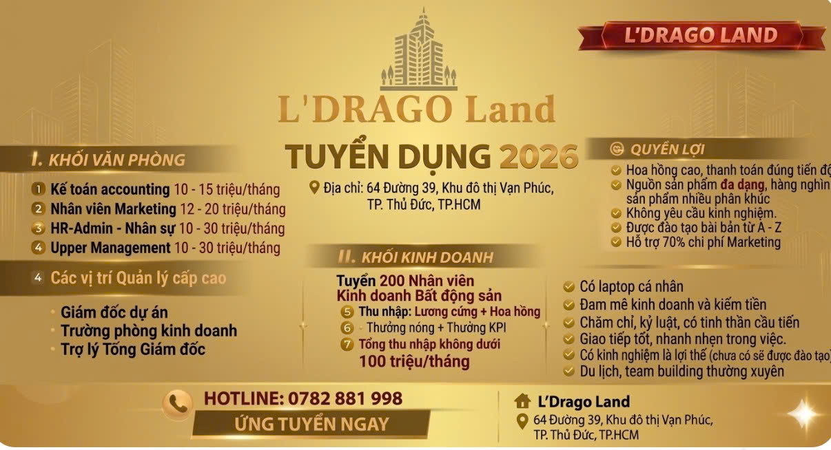 L’DRAGO LAND TUYỂN DỤNG NHÂN SỰ 2026
