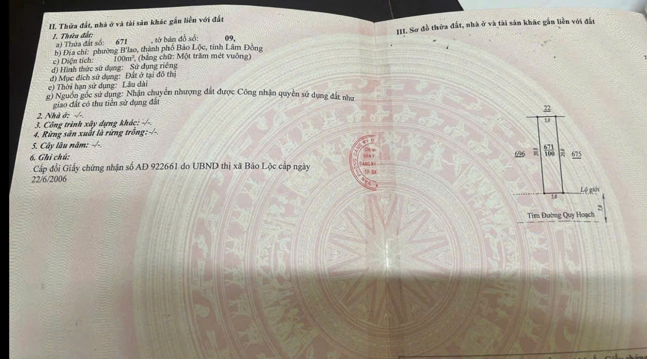 Chính chủ cần bán đất thổ cư đường Phan Huy Chú, phường B-Lao, TP Bảo Lộc, Lâm Đồng