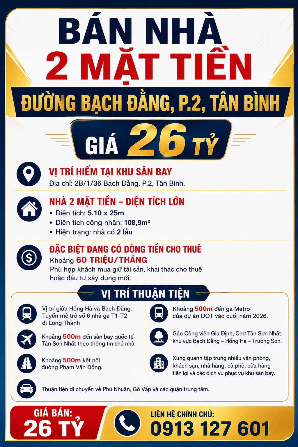 Bán nhà 2 mặt tiền đường Bạch Đằng, P.2, Tân Bình – giá 26 tỷ